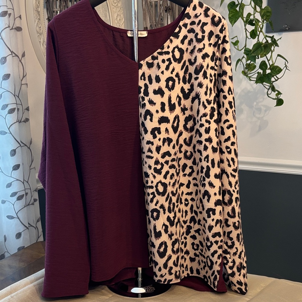 Cotton Bleu. Leopard Print and Burgundy Women's Blouse